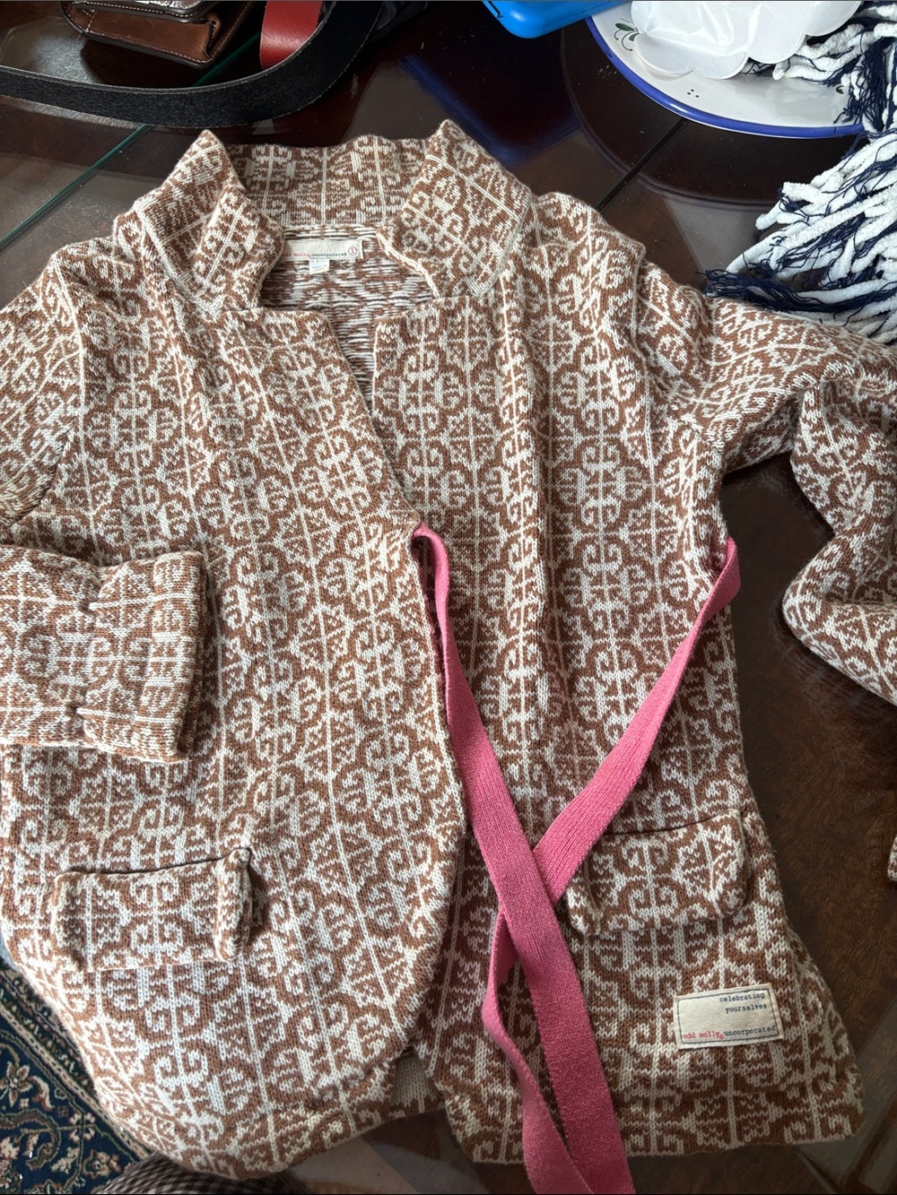 Anthropologie Brown and White Patterned Knit Jacket with Pink Accents